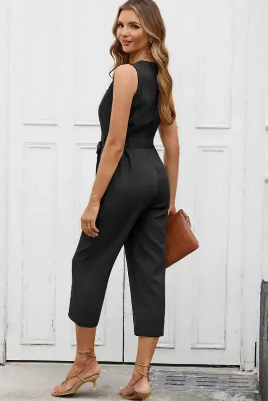 Cropped Jumpsuit with Sash - Buttoned Sleeveless - Fashionfitz