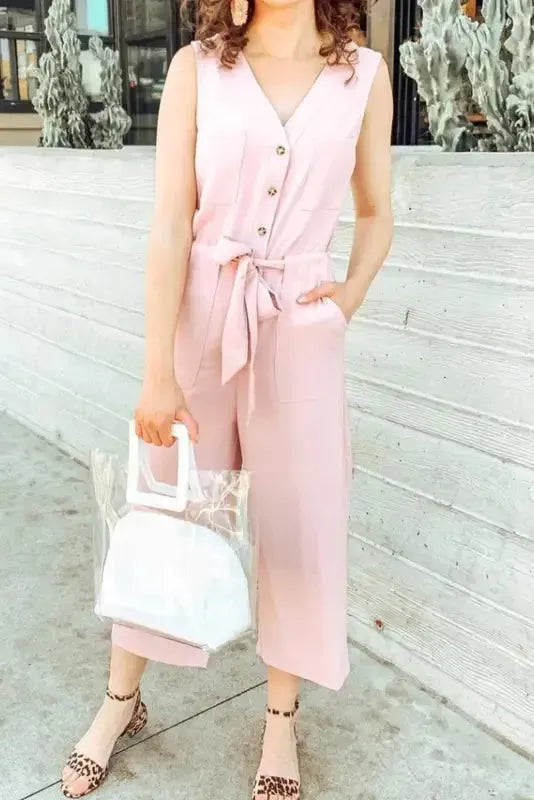Cropped Jumpsuit with Sash - Buttoned Sleeveless - Fashionfitz
