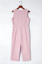 Cropped Jumpsuit with Sash - Buttoned Sleeveless - Fashionfitz