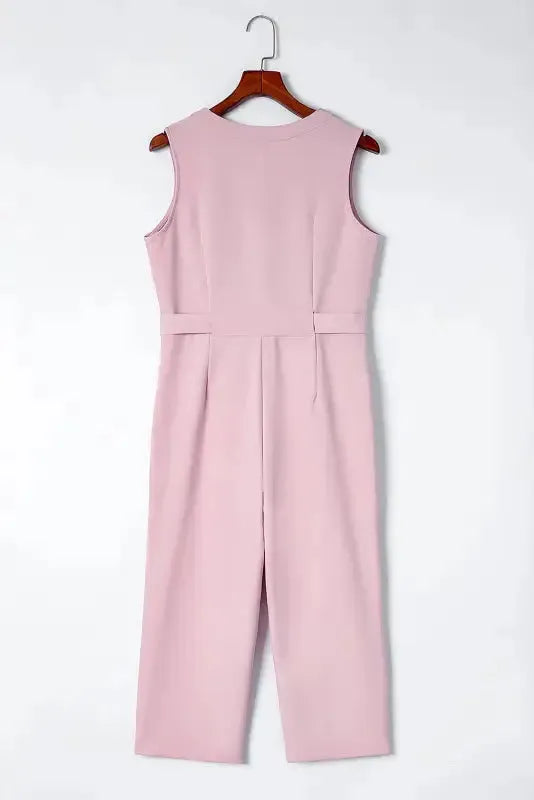 Cropped Jumpsuit with Sash - Buttoned Sleeveless - Fashionfitz