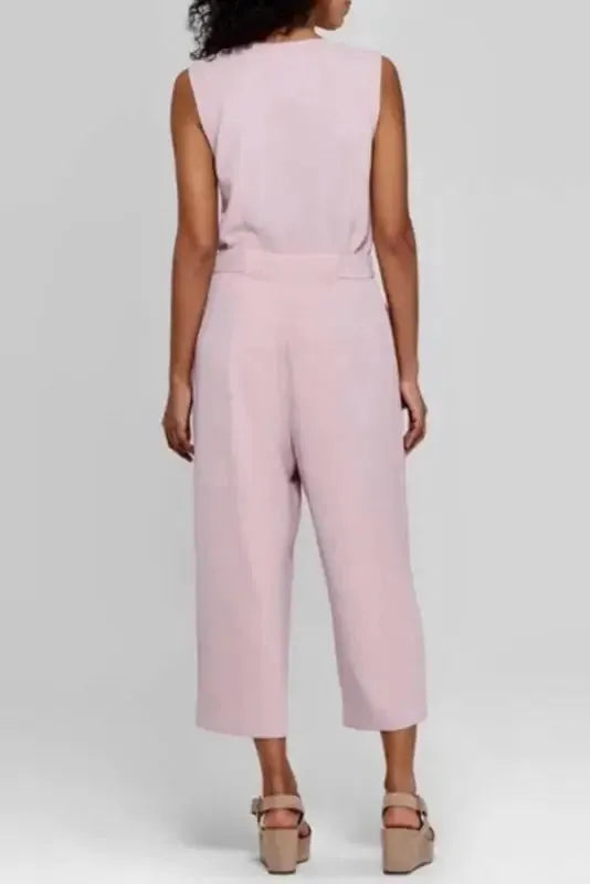 Cropped Jumpsuit with Sash - Buttoned Sleeveless - Fashionfitz