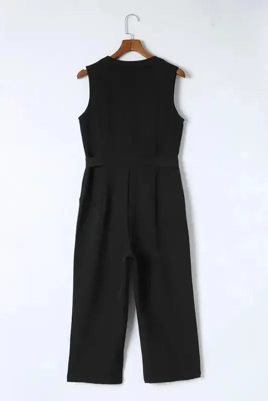 Cropped Jumpsuit with Sash - Buttoned Sleeveless - Fashionfitz