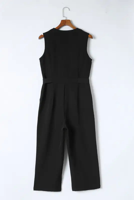 Black buttoned sleeveless cropped jumpsuit with sash - jumpsuits & rompers