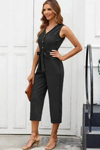 Cropped Jumpsuit with Sash - Buttoned Sleeveless - Fashionfitz