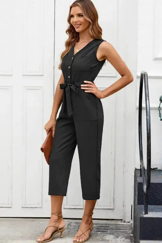 Cropped Jumpsuit with Sash - Buttoned Sleeveless - Fashionfitz