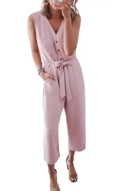 Cropped Jumpsuit with Sash - Buttoned Sleeveless - Fashionfitz