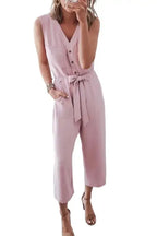Cropped Jumpsuit with Sash - Buttoned Sleeveless - Fashionfitz