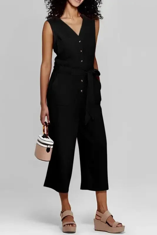 Cropped Jumpsuit with Sash - Buttoned Sleeveless - Fashionfitz