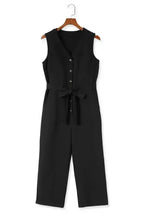 Cropped Jumpsuit with Sash - Buttoned Sleeveless - Fashionfitz
