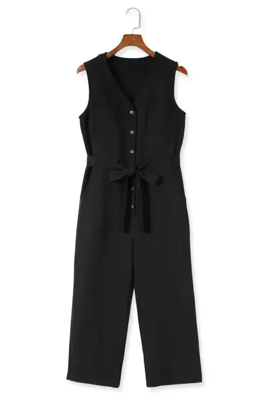 Cropped Jumpsuit with Sash - Buttoned Sleeveless - Fashionfitz