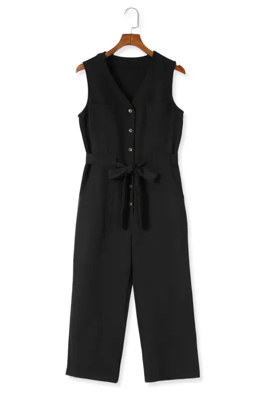 Black buttoned sleeveless cropped jumpsuit with sash - jumpsuits & rompers