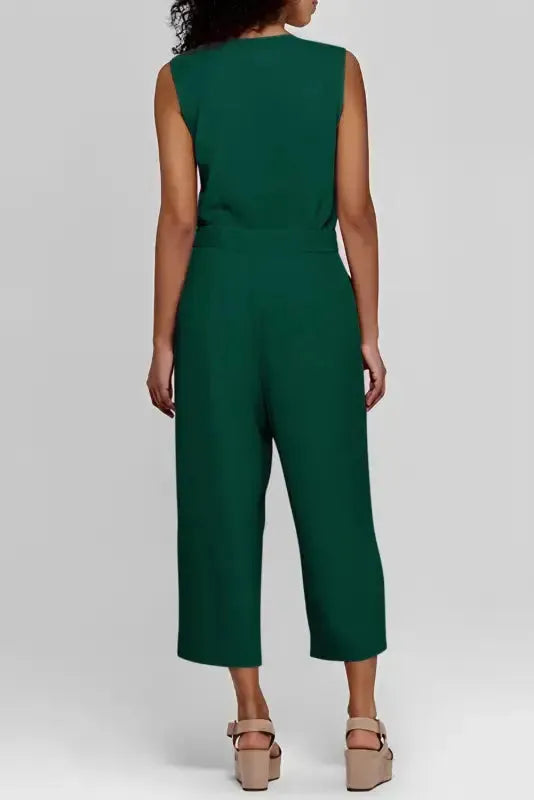 Cropped Jumpsuit with Sash - Buttoned Sleeveless - Fashionfitz