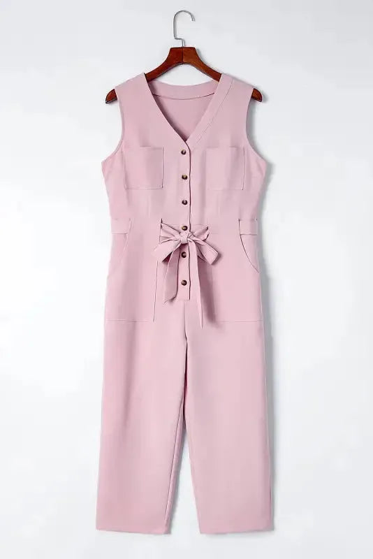 Cropped Jumpsuit with Sash - Buttoned Sleeveless - Fashionfitz