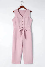 Cropped Jumpsuit with Sash - Buttoned Sleeveless - Fashionfitz