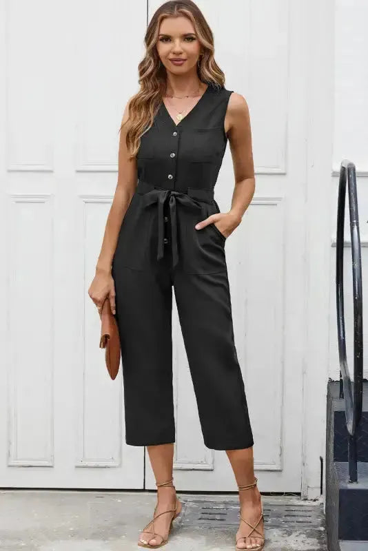 Cropped Jumpsuit with Sash - Buttoned Sleeveless - Fashionfitz