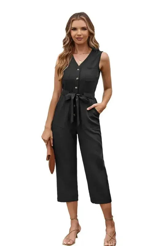 Cropped Jumpsuit with Sash - Buttoned Sleeveless - Fashionfitz