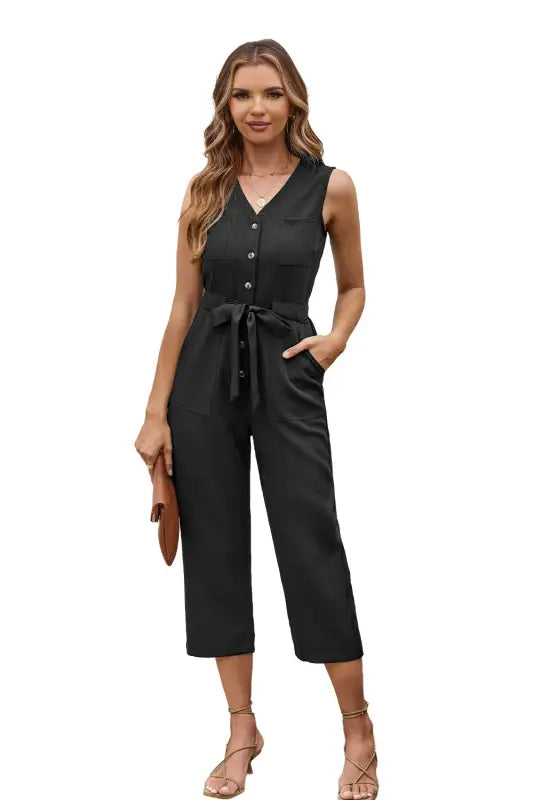 Black buttoned sleeveless cropped jumpsuit with sash - jumpsuits & rompers