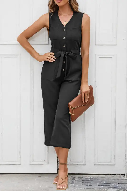 Black buttoned sleeveless cropped jumpsuit with sash - jumpsuits & rompers