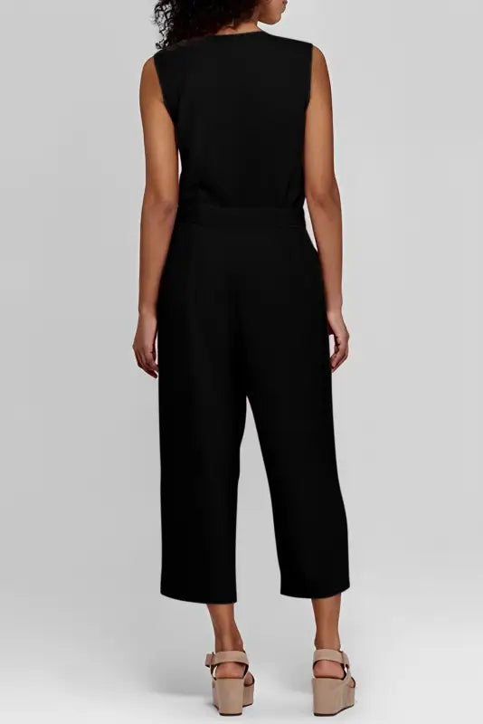 Black buttoned sleeveless cropped jumpsuit with sash - jumpsuits & rompers