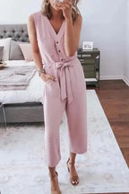 Cropped Jumpsuit with Sash - Buttoned Sleeveless - Fashionfitz