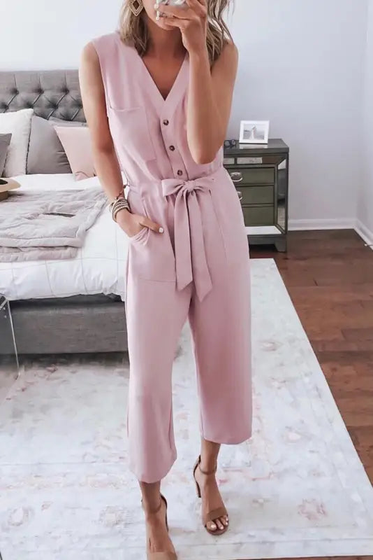 Black buttoned sleeveless cropped jumpsuit with sash - pink / s / 95% polyester + 5% elastane - jumpsuits & rompers