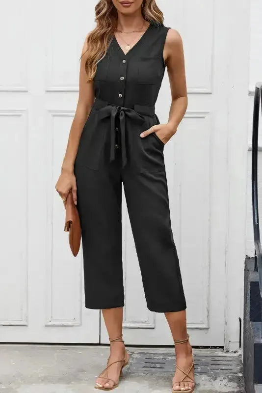 Cropped Jumpsuit with Sash - Buttoned Sleeveless - Fashionfitz
