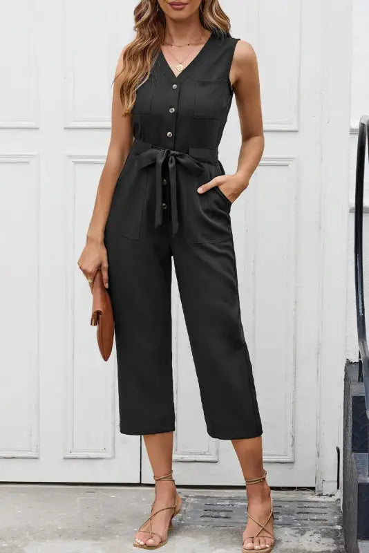 Black buttoned sleeveless cropped jumpsuit with sash - jumpsuits & rompers