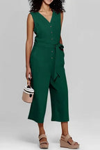 Cropped Jumpsuit with Sash - Buttoned Sleeveless - Fashionfitz