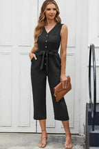 Cropped Jumpsuit with Sash - Buttoned Sleeveless - Fashionfitz
