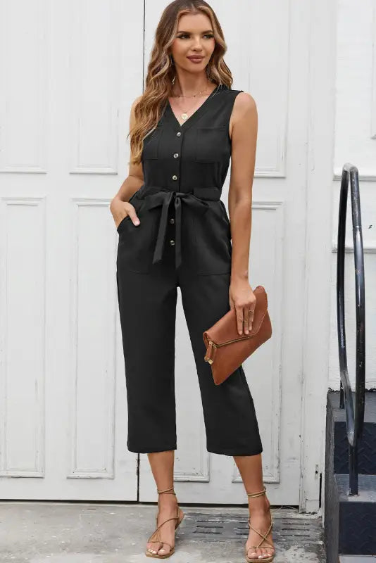 Black buttoned sleeveless cropped jumpsuit with sash - jumpsuits & rompers