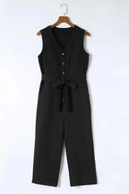 Cropped Jumpsuit with Sash - Buttoned Sleeveless - Fashionfitz