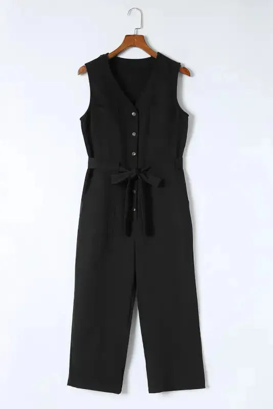 Cropped Jumpsuit with Sash - Buttoned Sleeveless - Fashionfitz