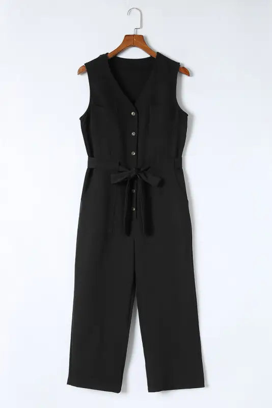 Black buttoned sleeveless cropped jumpsuit with sash - jumpsuits & rompers