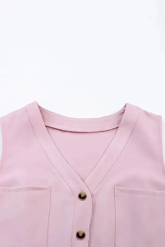 Cropped Jumpsuit with Sash - Buttoned Sleeveless - Fashionfitz