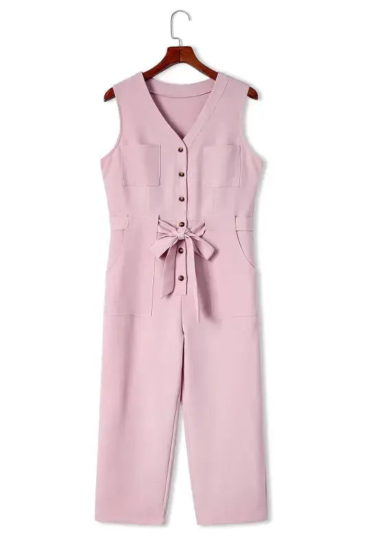 Cropped Jumpsuit with Sash - Buttoned Sleeveless - Fashionfitz