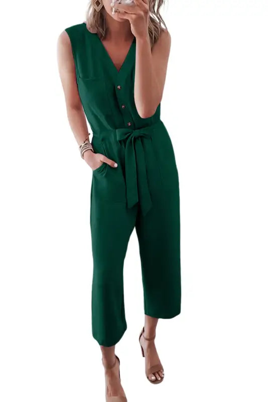 Black buttoned sleeveless cropped jumpsuit with sash - jumpsuits & rompers