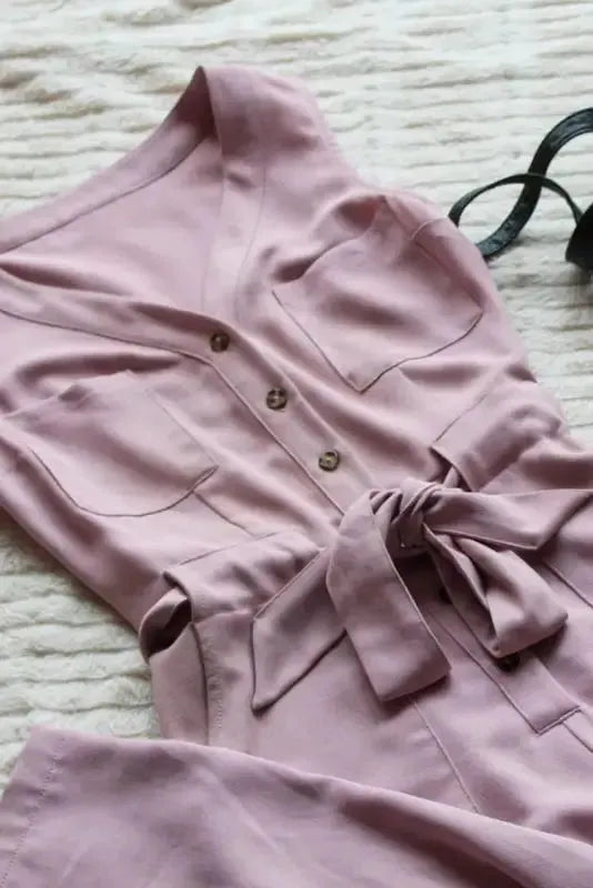 Cropped Jumpsuit with Sash - Buttoned Sleeveless - Fashionfitz