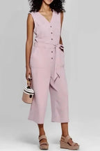 Cropped Jumpsuit with Sash - Buttoned Sleeveless - Fashionfitz