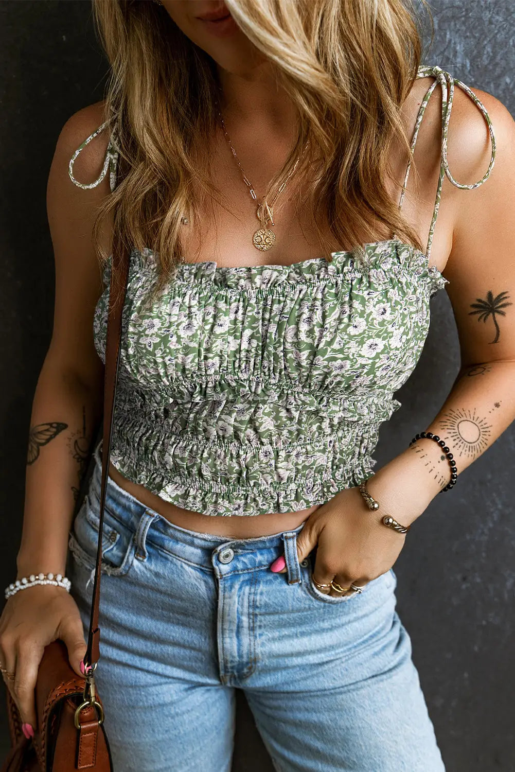 Cropped tank top - green floral spaghetti straps - s / 100% polyester - tops