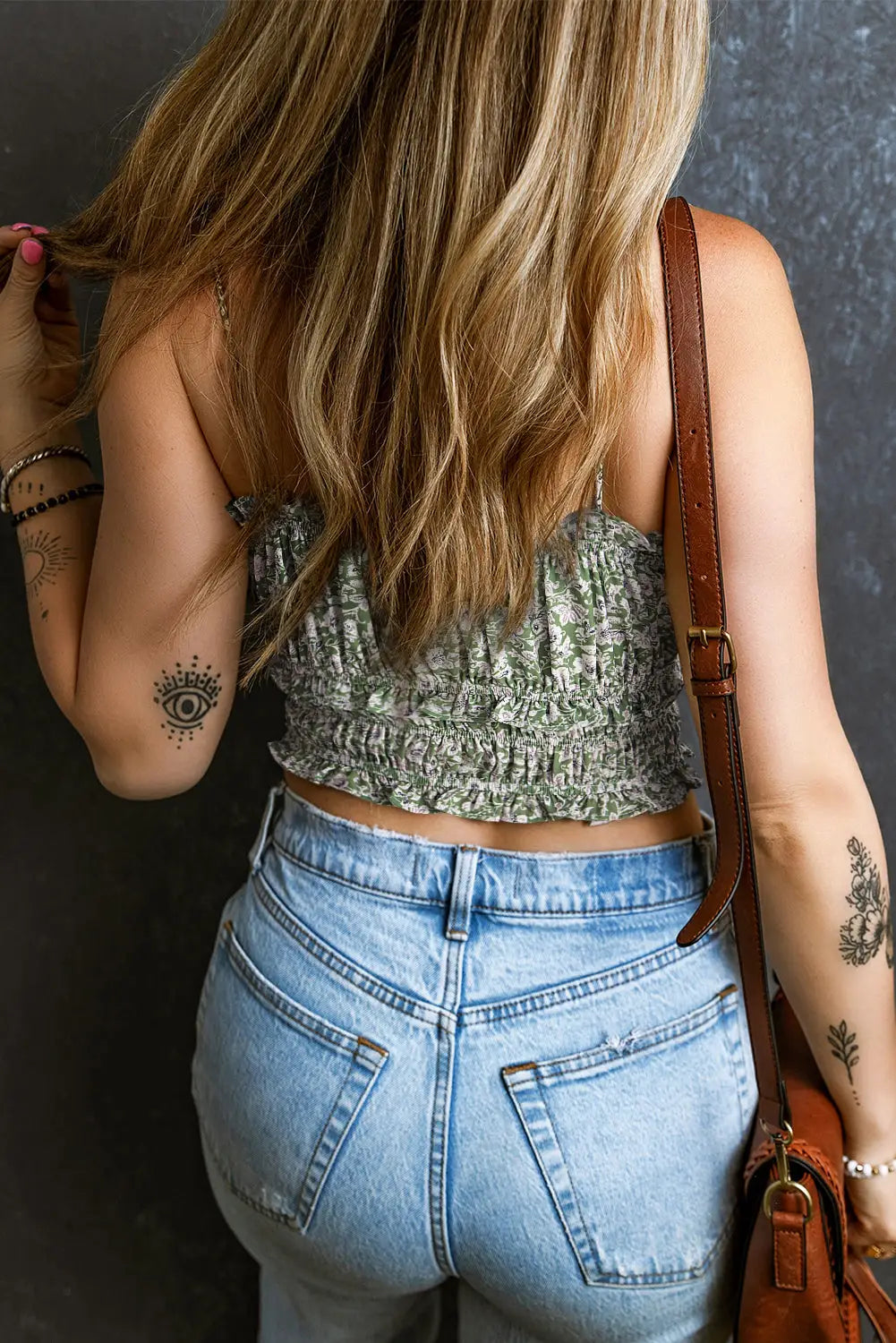 Cropped tank top - green floral spaghetti straps - tops