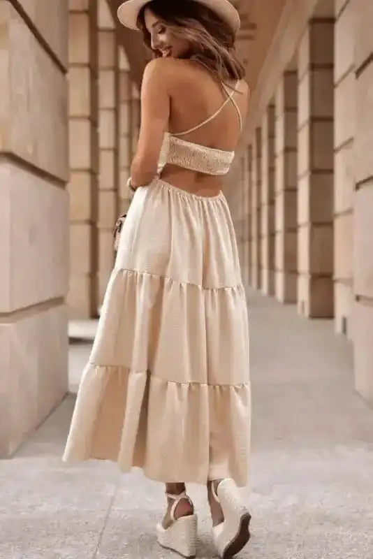Crossover Backless Tiered Maxi Dress - Fashionfitz