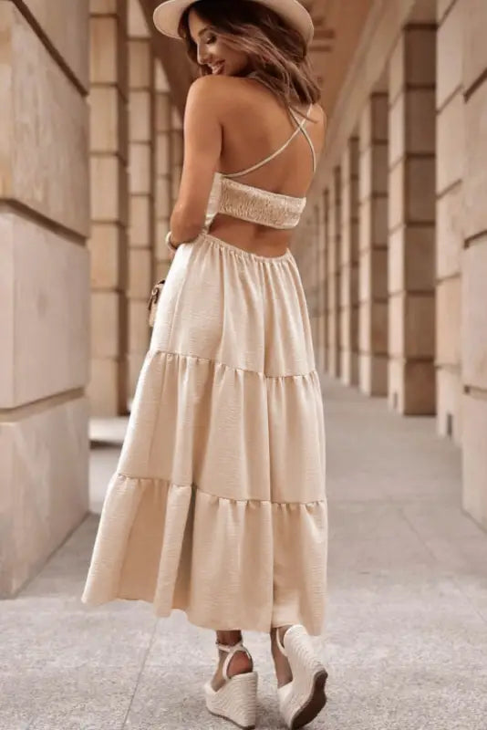 Crossover backless bodice tiered maxi dress - oatmeal / s / 100% polyester - dresses/maxi dresses