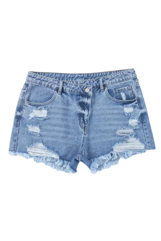 Crossover waist denim shorts - distressed denim with frayed edges and ripped details