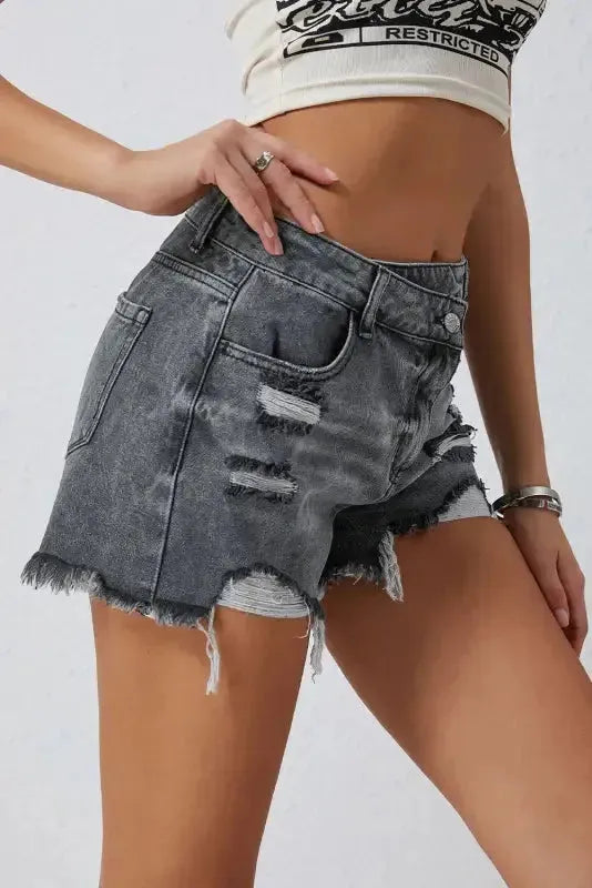 Crossover Waist Denim Shorts - Fashionfitz