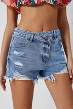 Crossover Waist Denim Shorts - Fashionfitz