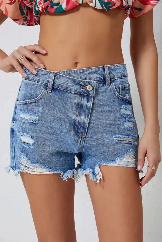 Crossover Waist Denim Shorts - Fashionfitz