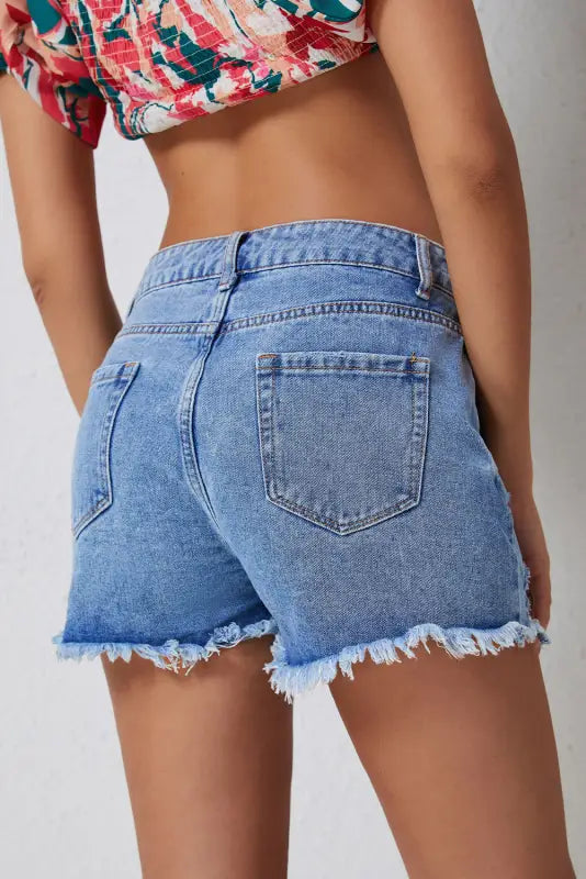 Crossover waist denim shorts - light blue, frayed edges - relax relax relax style