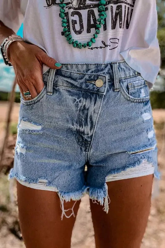 Crossover Waist Denim Shorts - Fashionfitz