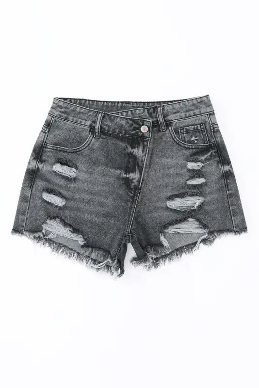 Crossover waist distressed gray denim shorts with ripped details and frayed hem