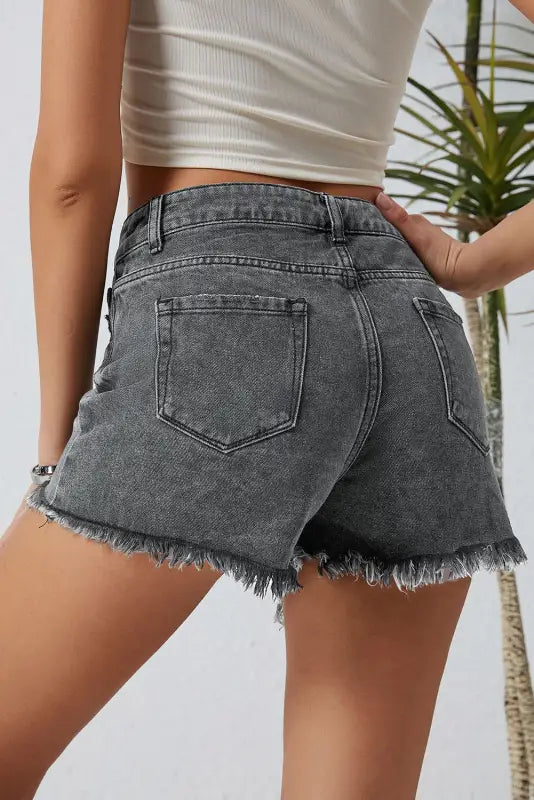 Crossover waist distressed gray denim shorts with frayed edges for a relax relax wear